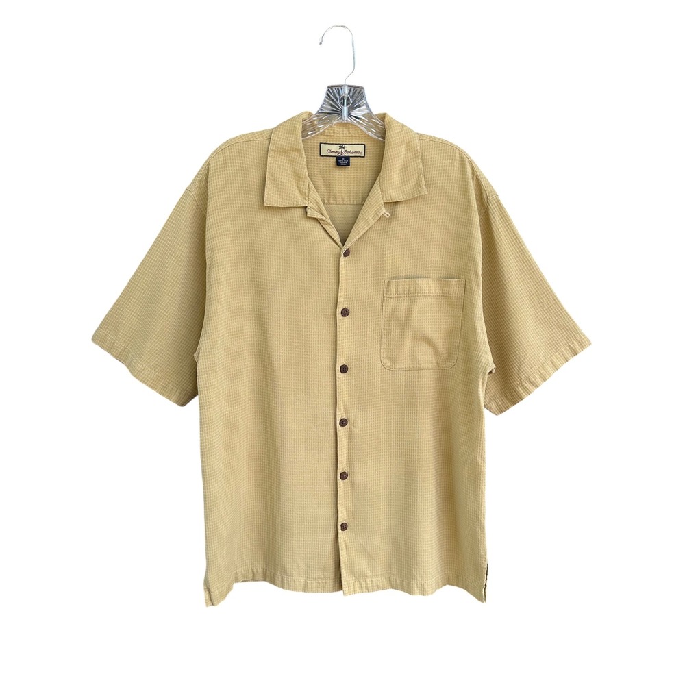 Vintage Tommy Bahama Tan Yellow 100% Silk Short Sleeve Textured Camp Shirt M